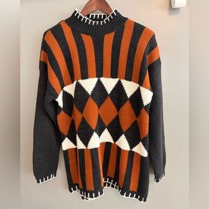 Vintage Spice of Life Brown & Black Striped & Argyle Knit Sweater -shoulder pads